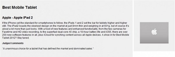 The iPad 2 Received MWC2012 Best Tablet PC Awards