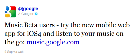 Google Tweet Release of  HTML 5 Based Music App for iGadgets 1